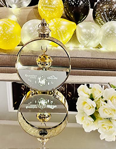 Eid Mubarak Hanging Lantern Islamic Metal Lamp Islamic Lamp, Ramadan Mubarak LED Light Eid ul Fitr Hanging Lantern Glass and Metal Lantern for Ramadan Karim 14"X10" (Oval) - color: Oval