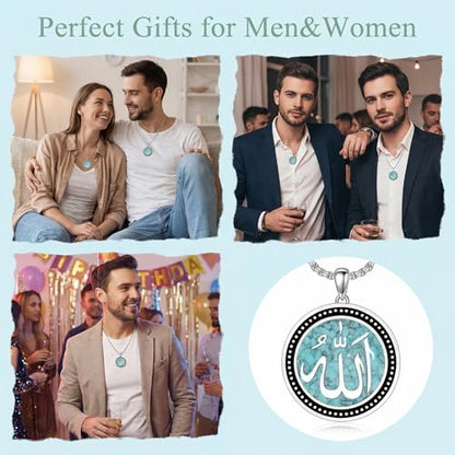 Allah Necklace 925 Sterling Silver Religious Muslim Turquoise Pendant Islamic Jewelry Gifts for Women Men