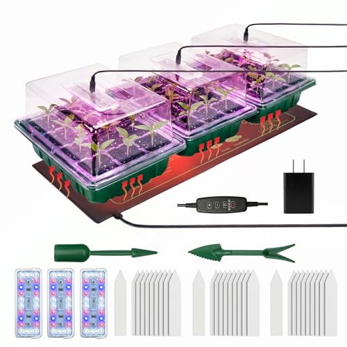 Seed Starter Tray 3 Pack with Heating Mat & 24 Full Spectrum LEDs Grow Light – Auto Cycle Timer, Humidity Dome Ventilation Cover, Drainage Holes, Includes Gardening Tools – Green Version - color: Green×3