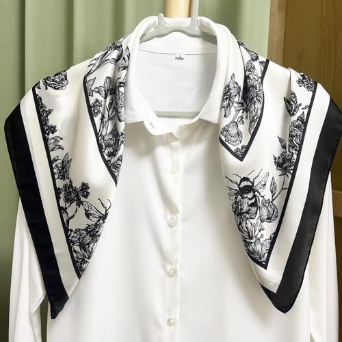 FONYVE Silk Feeling Scarf Medium Square Satin Head Scarf for Women 27.5 × 27.5 inches - color: 03 Black & White Flowers