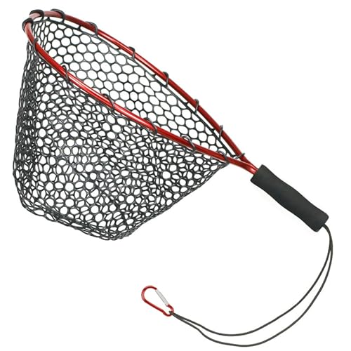 Short Handle Rubber Fishing Landing Net, 19.7" Lightweight Aluminum Frame, Portable EVA Foam Handle Trout Net for Kayak Stream Catch and Release, Hook-Friendly Rubber Netting Landing Net - color: Red