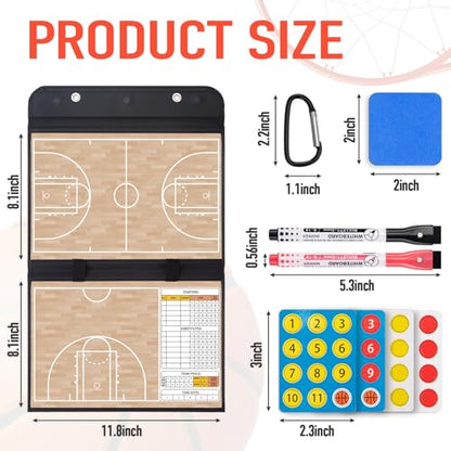 WISYOK Leather Covered Magnetic Basketball Lineup Board, Foldable and Portable Clipboard for Coaches with 48 Cards, 2 Markers, 4 Hooks and 1 Organizer Bag - style: Basketball Leather