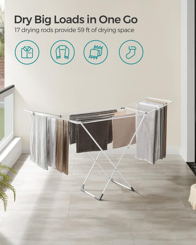 SONGMICS Clothes Drying Rack, Metal Laundry Drying Rack, Foldable, Space-Saving, Free-Standing Airer, with 2 Gullwings, Indoor Outdoor Use, Bed Linen Clothing, White ULLR540W01 - color: White, style: 2 Gullwings（19.7"D)