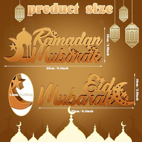 Yuntau 2 Pcs Ramadan Mubarak Wood Sign Eid Mubarak Wooden Table Centerpiece Ramadan Wooden Tabletop Decor Moon Star Islamic Mosque Letter Sign Ramadan Decorations for Home Allah Muslim Gifts(Bright)