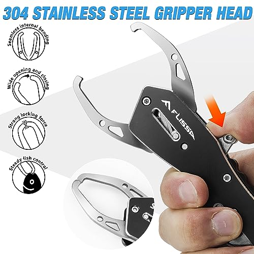 FLISSA Fish Gripper, Fish Lip Grip Tool with Carabiner and Spring Anti-Lost Rope, Durable Stainless Steel Fish Grabber Gripper, Lightweight Holder for Fishing, Corrosion Resistant & Portable