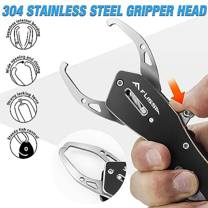 FLISSA Fish Gripper, Fish Lip Grip Tool with Carabiner and Spring Anti-Lost Rope, Durable Stainless Steel Fish Grabber Gripper, Lightweight Holder for Fishing, Corrosion Resistant & Portable