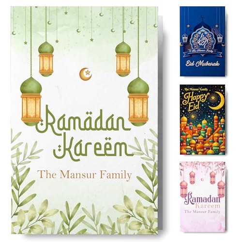 Personalized Ramadan Folded Card 5x7, Custom Family Name and Message Eid Mubarak Greeting Cards for Friends Family Mosque Community, Religious Holiday Card Set with Envelopes, Single or Bulk Packs - color: Design 02