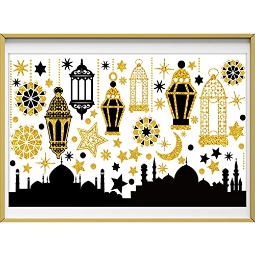 Ramadan Mubarak Window Clings Eid Mubarak Window Stickers Party Supplies Decorations Muslim Happiness Ramadan Eid Al-fitr Window Decor Ramadan Kareem Cut-Out Decals for Window (Black and Gold) - color: Black and Gold