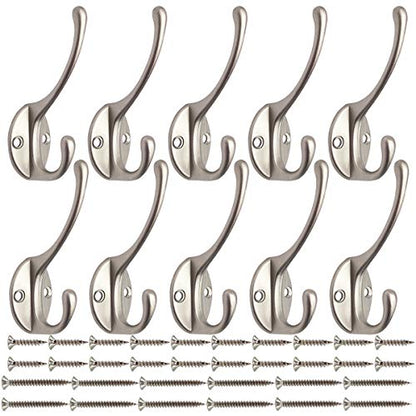 IBosins 10 Pack Silvery Double Coat Hooks Utility Hooks for Coat, Bag, Hat | Dual Coat Hooks Wall Mounted with 40 Screws Retro Double Hooks for Scarf, Towel, Key, Cap, Cup - color: Silvery