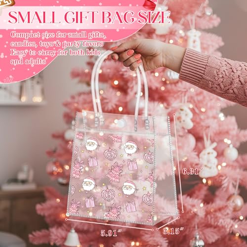 Aliceset 24 Pcs Pink Christmas Gift Bags with Handles Bulk Clear PVC Xmas Party Favor Bags Plastic Gift Wrap Totes for Holiday Presents Wrapping Treat Supplies(Santa Claus, 6.31"x 5.91"x 3.15") - style: Santa Claus