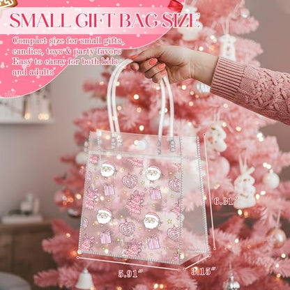 Aliceset 24 Pcs Pink Christmas Gift Bags with Handles Bulk Clear PVC Xmas Party Favor Bags Plastic Gift Wrap Totes for Holiday Presents Wrapping Treat Supplies(Santa Claus, 6.31"x 5.91"x 3.15") - style: Santa Claus