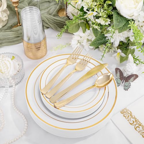 Supernal 200pcs Gold Plastic Dinnerware included 25 Party Dinner Plates 25 Dessert Plates 25 Disposable Cups and 25 Paper Napkins Disposable 25 Spoons 25 Knives 50 Forks for Party and Wedding - color: 200pcs White and Gold Plastic Dinnerware