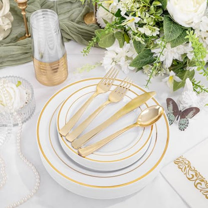 Supernal 200pcs Gold Plastic Dinnerware included 25 Party Dinner Plates 25 Dessert Plates 25 Disposable Cups and 25 Paper Napkins Disposable 25 Spoons 25 Knives 50 Forks for Party and Wedding - color: 200pcs White and Gold Plastic Dinnerware