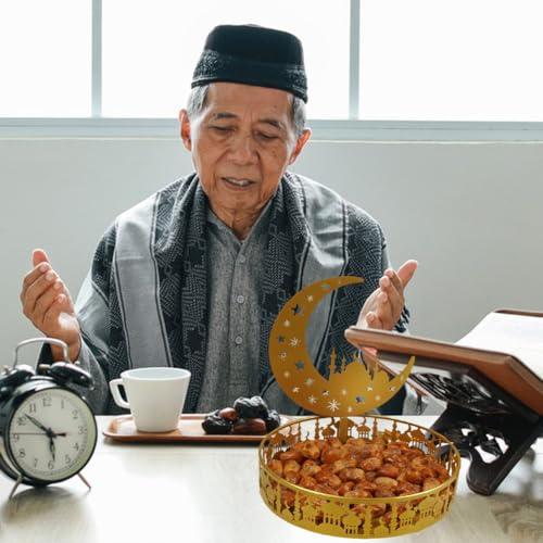 Ramadan Tray Eid Mubarak Metal Serving Tray Lunar Crescent Eid Mubarak Dishes Tray Plate Ramadan Eid Serving Tray Fruit Tray Tableware Dessert Platters Storage Container Display Holder