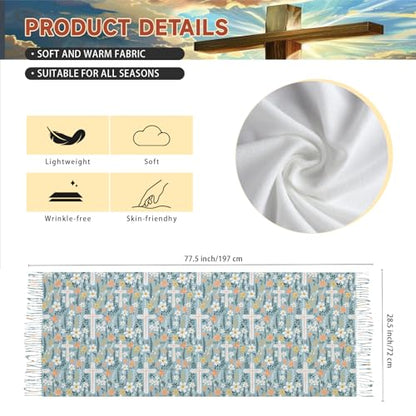 Prayer Shawls for Women Christian Floral Blanket Scarf with Cross,Wrap Scarf for Teacher Mother Church Gifts - color: Mint Blue