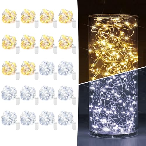 20 Pack Fairy Lights Battery Operated 7ft 20 LED Mini String Lights Twinkle Lights Silver Wire Firefly Starry Lights for Mason Jars Wedding Party Christmas Centerpiece Decor, Warm White & Cool Whtie - color: Warm White + Cool White, size: [20 Pack] 7 Feet