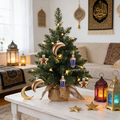 Watayo 6 Pcs Glass Eid Mubarak Lanterns Moon Star Ornaments, Hanging Ramadan Tree Ornaments, Islam Ramadan Kareem Moon Star Lantern Pendant Decorations for Islamic Muslim Festival Party Home Decor