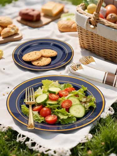WDF Partyware 350PCS Navy Blue and Gold Plastic Plates with Rolled Napkins Include Dinner Plate 10’’, Dessert Plate 7’’, gold Cups 9 OZ, Pre Rolled Napkins for Birthday/Wedding/Party/Graduation - color: Blue and Gold, size: 350