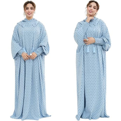 Upgraded Abaya Dress for Women 1PC Hoodie Polka Dot Modest Prayer Robe - color: Light Blue, size: Size 2