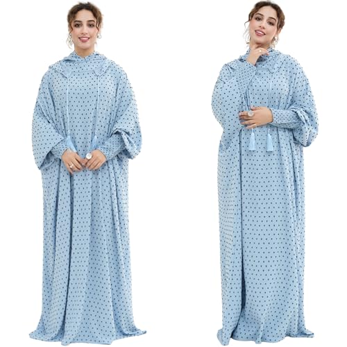 Upgraded Abaya Dress for Women 1PC Hoodie Polka Dot Modest Prayer Robe - color: Light Blue, size: Size 1