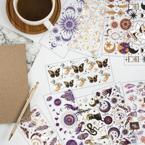 arricraft 10 Sheets Divination UV DTF Cup Wrap for 16OZ Glass, Moons Sun Skull Butterfly Rub on Decals PVC Transfer Stickers for DIY Cups Wood Funiture Magic Supplies - style: Divination Magic
