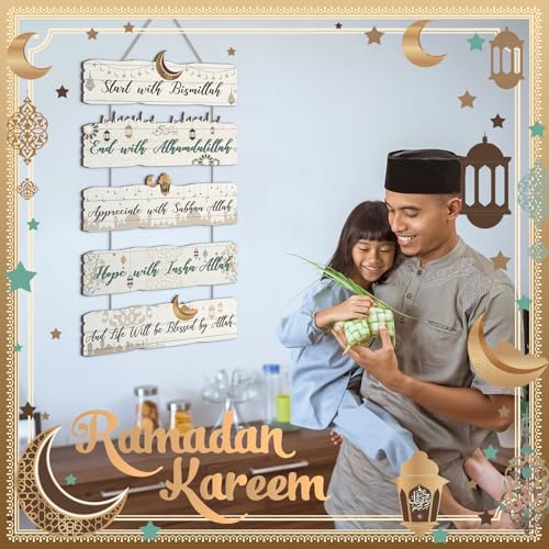 Patelai 5 Pcs Eid Ramadan Islamic Wooden Wall Decor Eid Decorations for Home Start and End with Allah Wall Art Allah Pediment Inspirational Hanging Plaque Wreath for Islamic Muslim Supply(White)