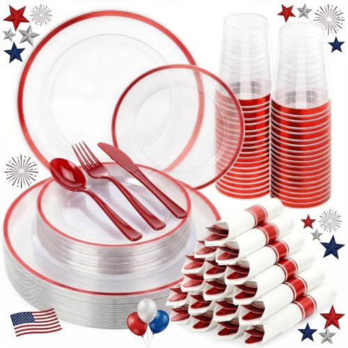 350pcs Plastic Plates for Labor Day Party Clear & Red - color: Red, size: 350pcs（50guests）