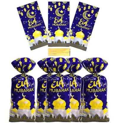 Eid Mubarak Treat Bags, 100pcs Shining Gold Star Moon Lantern Party Cellophane Bags with Twist Ties Clear Plastic Gift Bags Goodie Cookies Candy Bags for Wedding ,Islam Islamic Muslim Party ,Ramadan Mubarak Party Supplies