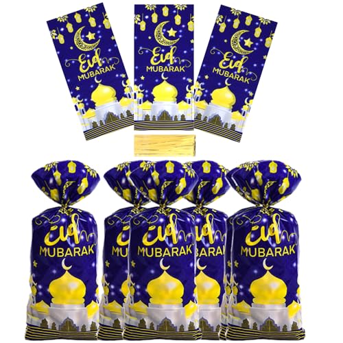 Eid Mubarak Treat Bags, 100pcs Shining Gold Star Moon Lantern Party Cellophane Bags with Twist Ties Clear Plastic Gift Bags Goodie Cookies Candy Bags for Wedding ,Islam Islamic Muslim Party ,Ramadan Mubarak Party Supplies