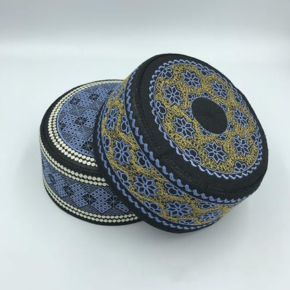 RUIXIA Men Boys Muslim Prayer Kufi Hat Skull Cap Embroidery Islam Kufi Headware takke Praying Beanie Hat Kofia Topi Hat - color: Blue/Gold/Black-adults