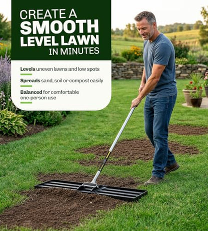 Gardease Lawn Leveling Rake, 30" x 10", Heavy Duty Steel Lawn Leveler | 2mm reinforced steel resists bending. Powder-coated rust protection. Easy 3-piece assembly. Lifetime replacement guarantee.
