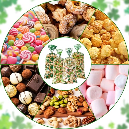 eowqeiur 100 PCS St Patricks Day Treat Bags(5x11 Inch) Green Shanrock Cellophane Bags for Cookie Candy Goodie Goody Snack Gifts Wrap Clover Spring Baggies Pouch St Patricks Party Favors Supplies - color: 100 St Patrick bags