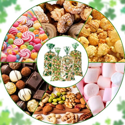 eowqeiur 100 PCS St Patricks Day Treat Bags(5x11 Inch) Green Shanrock Cellophane Bags for Cookie Candy Goodie Goody Snack Gifts Wrap Clover Spring Baggies Pouch St Patricks Party Favors Supplies - color: 100 St Patrick bags