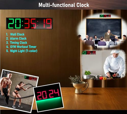 26'' Huge Home Gym Interval Workout Timer Clock, Digital Wall Clock with Seconds Countdown/up, Stopwatch, 8-Alarms, 7-Color Night Light for Tabata/HIIT/MIIT/EMOM/FGB/Boxing (Green-Red)