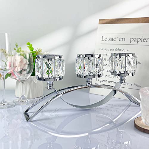 3 Arms Crystal Candle Holders, Arch Candlestick Table Candelabras Centerpieces for Wedding, Dinning Room, Cabinet Ornaments, Home Decoration， Gift (3-arm Arched, Silver) - color: Silver, size: 3-arm arched (single)