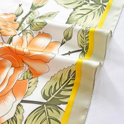 FONYVE Silk Feeling Scarf Medium Square Satin Head Scarf for Women 27.5 × 27.5 inches - color: 03 Orange & Greyish-green Floral