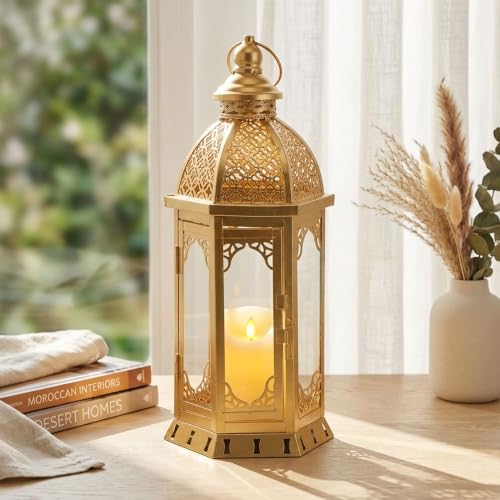 JHY DESIGN Gold Decorative Candle Lantern, 15-Inch Metal Candle Holder - color: 15"h Gold