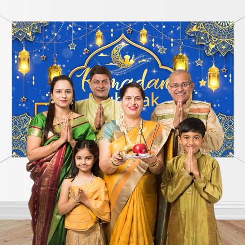 Mocsicka Ramadan Mubarak Banner Backdrop for Muslim Ramadan Kareem, Eid al-Fitr and Eid al-Adha (Blue and Gold, 70.8x43.3 inch, Polyester) - color: Blue and Gold