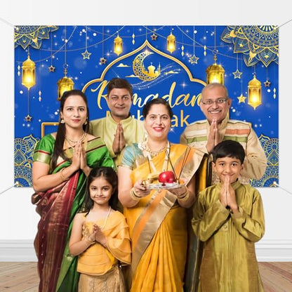 Mocsicka Ramadan Mubarak Banner Backdrop for Muslim Ramadan Kareem, Eid al-Fitr and Eid al-Adha (Blue and Gold, 70.8x43.3 inch, Polyester) - color: Blue and Gold
