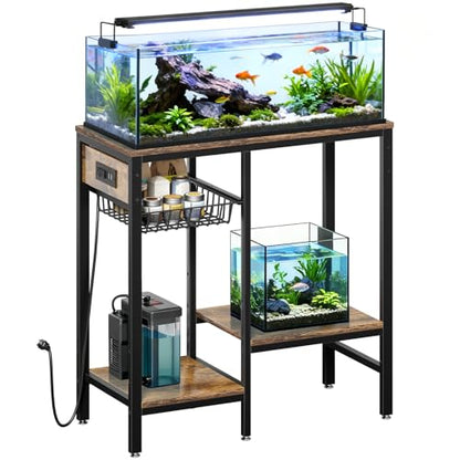20 Gallon Fish Tank Stand with Power Outlet & Adjustable Shelves | Metal Aquarium Stand with Pull Out Wire Tray, Ample Storage for Fish Tanks Accessories, Reptile Tank Stands, Brown