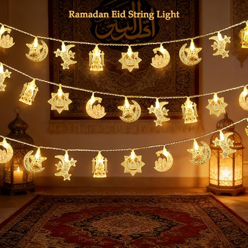 Ramadan String Lights, 9.8ft 20LEDs Moon Star Ramadan Lights with Remote Control, 8 Lighting Modes & 2 Brightness Levels, Ideal for Eid Ramadan Mubarak Decorations for Home Indoor Outdoor