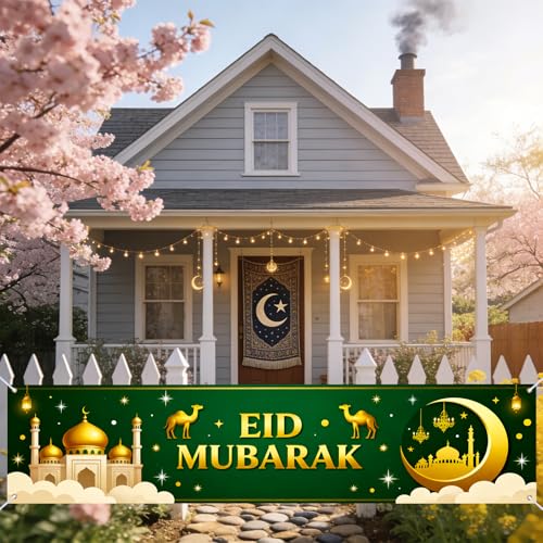 Nuxovilar Eid Mubarak Mosque Camel Banner Polyester 17.72×78.74inches - Ramadan Mubarak banner for Home, Mosque, Outdoor Decor - color: Ri50585