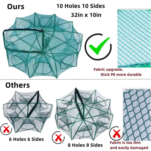 32in x 10in Folded Fishing Bait Trap, 10 Holes 10 Sides Foldable Fishing Nets for Fish/Crab/Shrimp/Crawdad, Upgrade Large Space,Bait Bag/Bait Box/Rope/Storage Bag