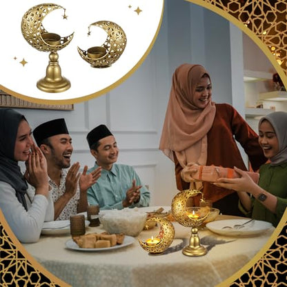 2 Pcs Ramadan Decorations for Home Golden Moon Shape Candle Holder Metal Candlestick Holder Eid Mubarak Table Centerpiece Decor for Birthday Wedding Church