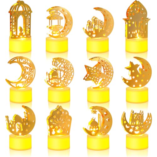 Aurelema 24Pcs Ramadan Mubarak Flameless LED Candles Lights Eid Mubarak Candle Star Moon Battery Operated Lamp Electric LED Muslim Ramadan Night Light Gift for Eid Home Table Party Supplies(Assorted)