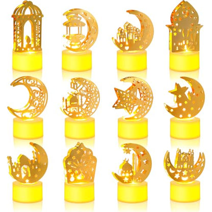 Aurelema 24Pcs Ramadan Mubarak Flameless LED Candles Lights Eid Mubarak Candle Star Moon Battery Operated Lamp Electric LED Muslim Ramadan Night Light Gift for Eid Home Table Party Supplies(Assorted)