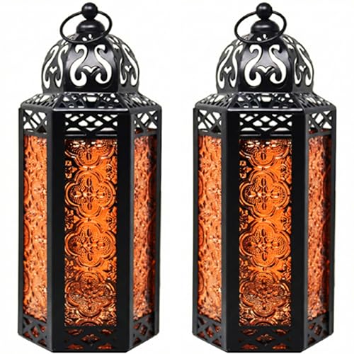 VELA LANTERNS 2pk Moroccan Candle Lantern Decorative Candle Holder Lamp for Table or Hanging, Indoor Home Decor, Outdoor Patio or Porch, Weddings, Black Metal, Medium, Amber Glass - color: Amber