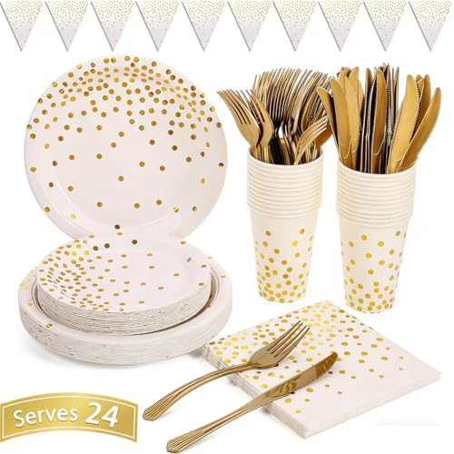 White and Gold Party Supplies 145PCS Disposable Party Dinnerware Paper Plates, Napkins, Knives, Forks, Cups, Banner, for New Year Eve 2026, Bridal Shower, Wedding, Birthday, Serves 24 - color: White Gold (Serves 24)