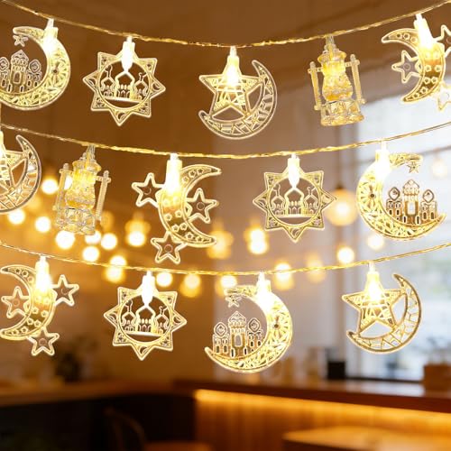 Moon Star String Lights 10FT 20 LED Star Fairy Lights Ramadan Lights with Battery & USB Powered 2 Lighting Modes Waterproof Eid Mubarak lights for Ramadan Decorations Christmas New Year Wedding Party - style: Moon Star Lights