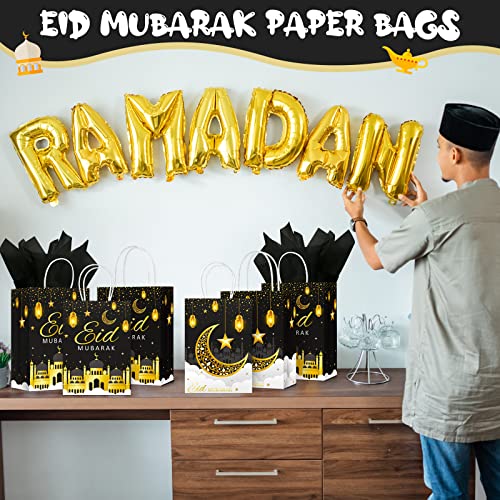 Censen 16 Sets Eid Mubarak Gift Bags with Tissue Paper, Ramadan Goodies Bags for Ramadan Party Supplies Favor (Black) - color: Black